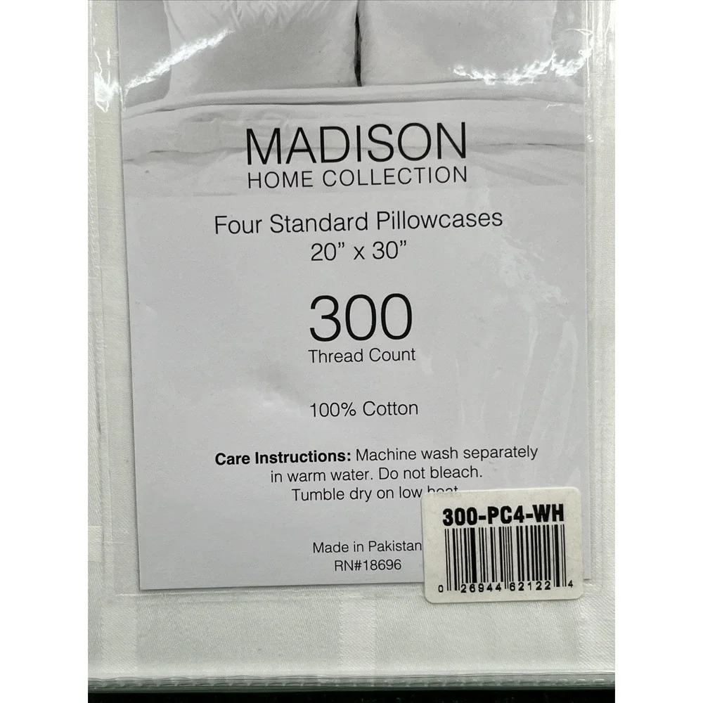 Madison Home Collection 300 Thread Count Set of 4 Pillowcases Standard White NEW